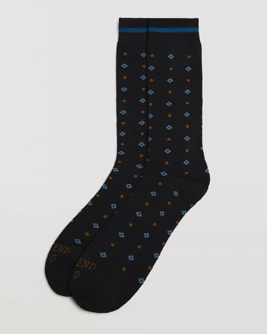 Ysabel Mora 22883 Weekend Mood Socks - Thick and warm black terry lined cotton mix crew length ankle socks with a spot and diamond pattern in rust and blue with the text "weekend mood" on the toe and a blue stripe cuff.