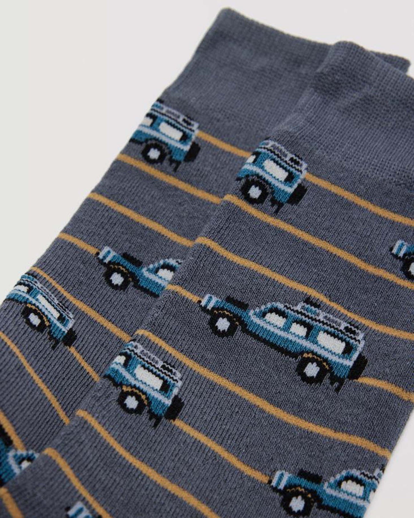 Ysabel Mora 22884 4x4 Sock - Grey thermal cotton crew length ankle socks with a blue 4x4 (Landrover Defender) pattern and horizontal mustard stripe.