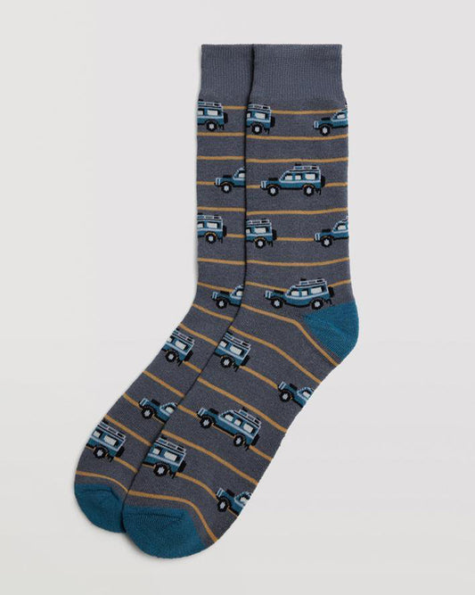Ysabel Mora 22884 4x4 Sock - Warm and thick terry lined grey cotton crew length ankle socks with a blue 4x4 (Landrover Defender) pattern and horizontal mustard stripe.