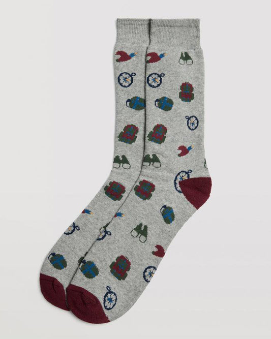 Ysabel Mora 22884 Explorer Sock - Light grey cotton mix crew length terry lined ankle socks with an all over explorer themed pattern of a compass, backpack, binoculars, water bottle and ducks in wine, dark green, blue and yellow, wine toe and heel.