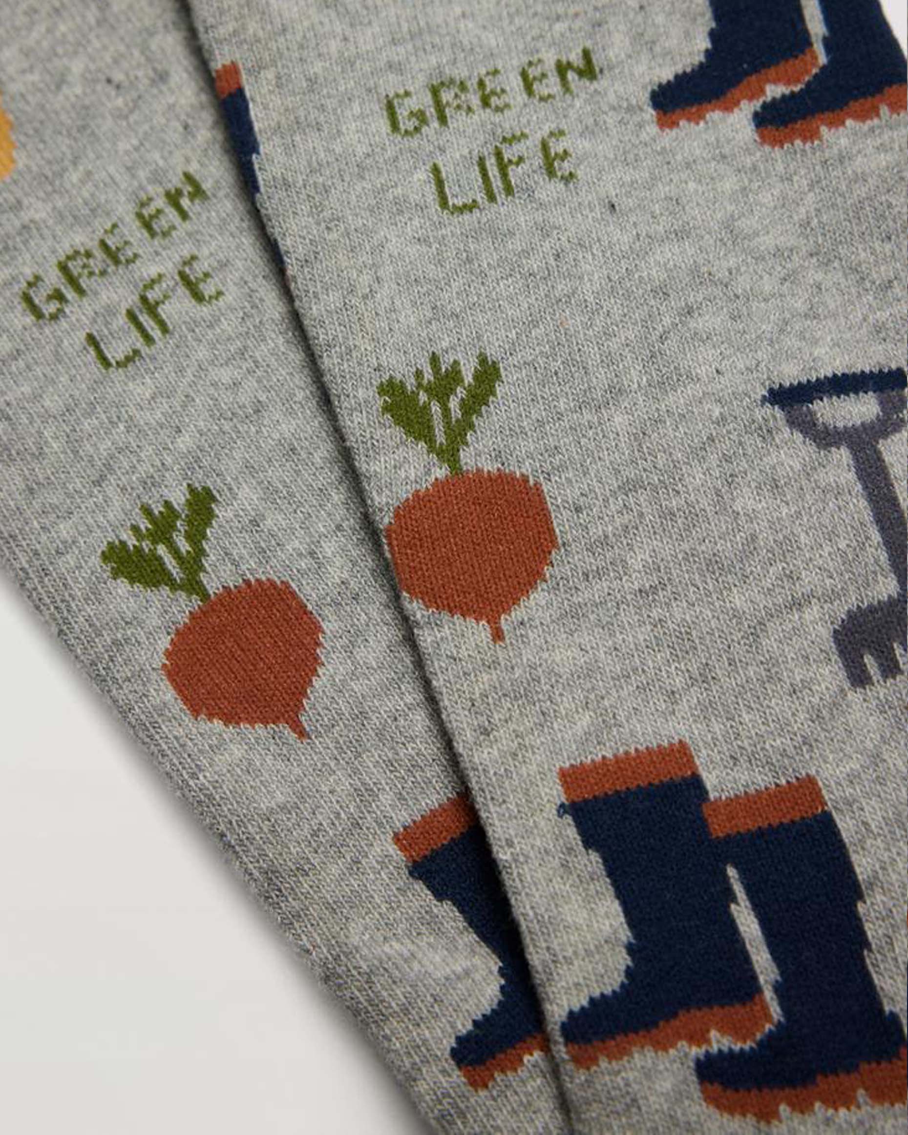 Ysabel Mora 22885 Green Life Sock - Light grey thermal cotton mix crew length ankle socks with a gardening themed pattern of wellington boots, carrots and turnips, rake and the words 'green life', thick terry lining and no cuff roll-top cuff.