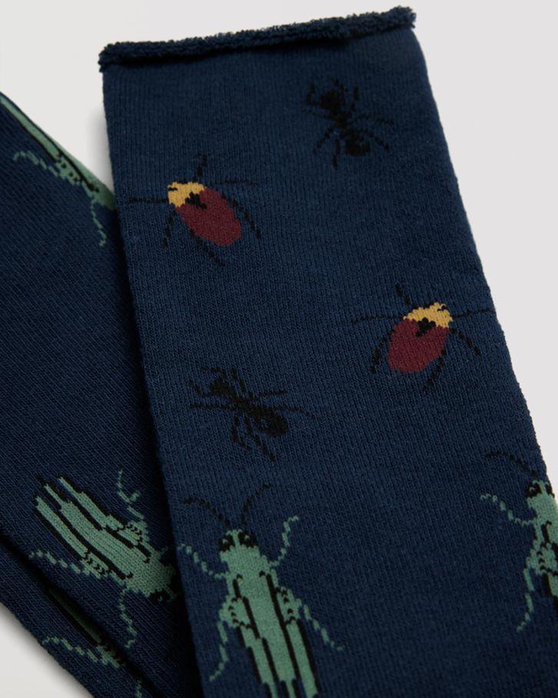 Ysabel Mora 22885 Insect Sock - Thick and warm navy terry lined thermal cotton no cuff ankle socks with an all over insect pattern in wine, sage green, mustard and black.