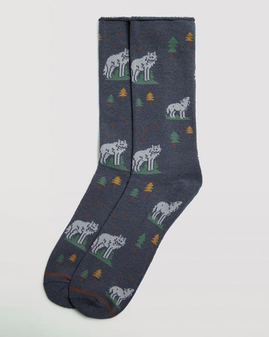Ysabel Mora 22885 Wolf Sock - Thick and warm terry lined denim blue cotton socks with a wolf in the woods pattern and no cuff roll top.