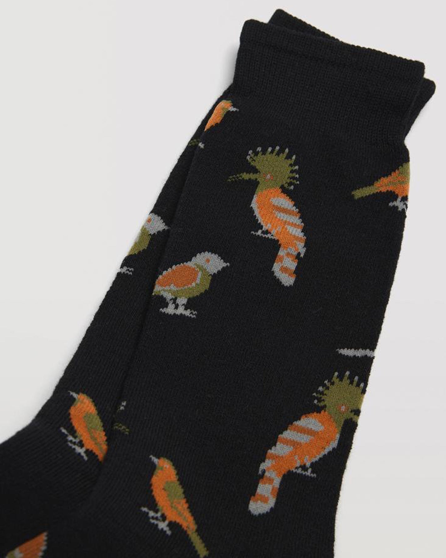 Ysabel Mora 22888 Bird Slipper Socks - Black thick and warm terry lined cotton mix crew length ankle socks with an all over exotic birds pattern in orange, khaki green and grey and deep elasticated comfort cuff.