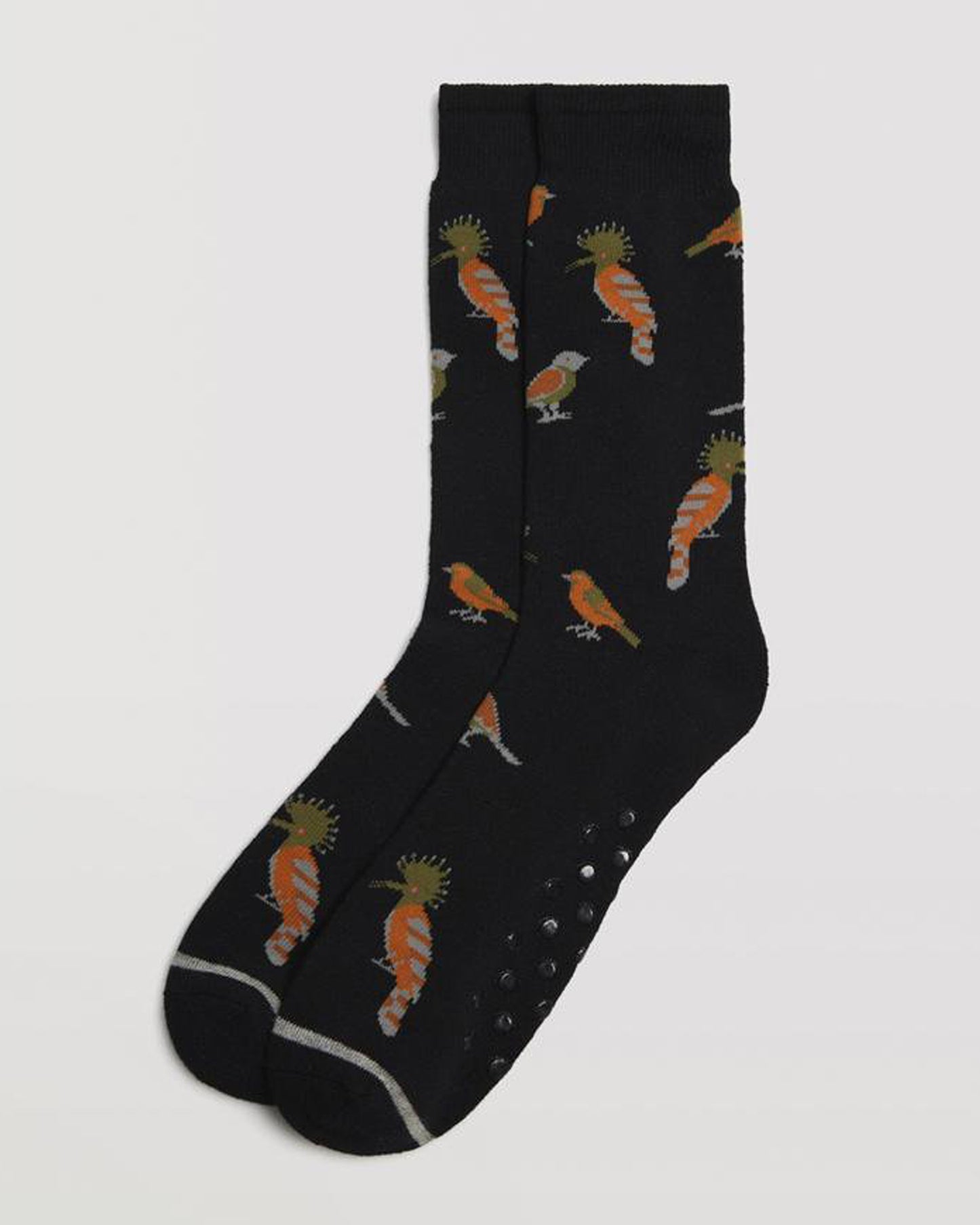 Ysabel Mora 22888 Bird Slipper Socks - Black thick and warm terry lined cotton mix crew length ankle socks with an all over exotic birds pattern in orange, khaki green and grey, dotted non-slip sole and deep elasticated comfort cuff.