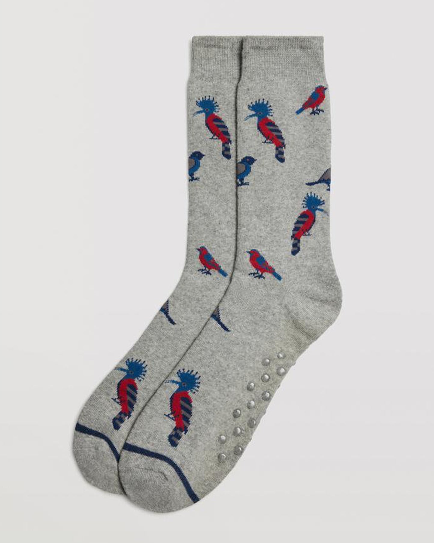 Ysabel Mora 22888 Bird Slipper Socks - Light grey thick and warm terry lined cotton mix crew length ankle socks with an all over exotic birds pattern in red, blue and navy, dotted non-slip sole and deep elasticated comfort cuff.