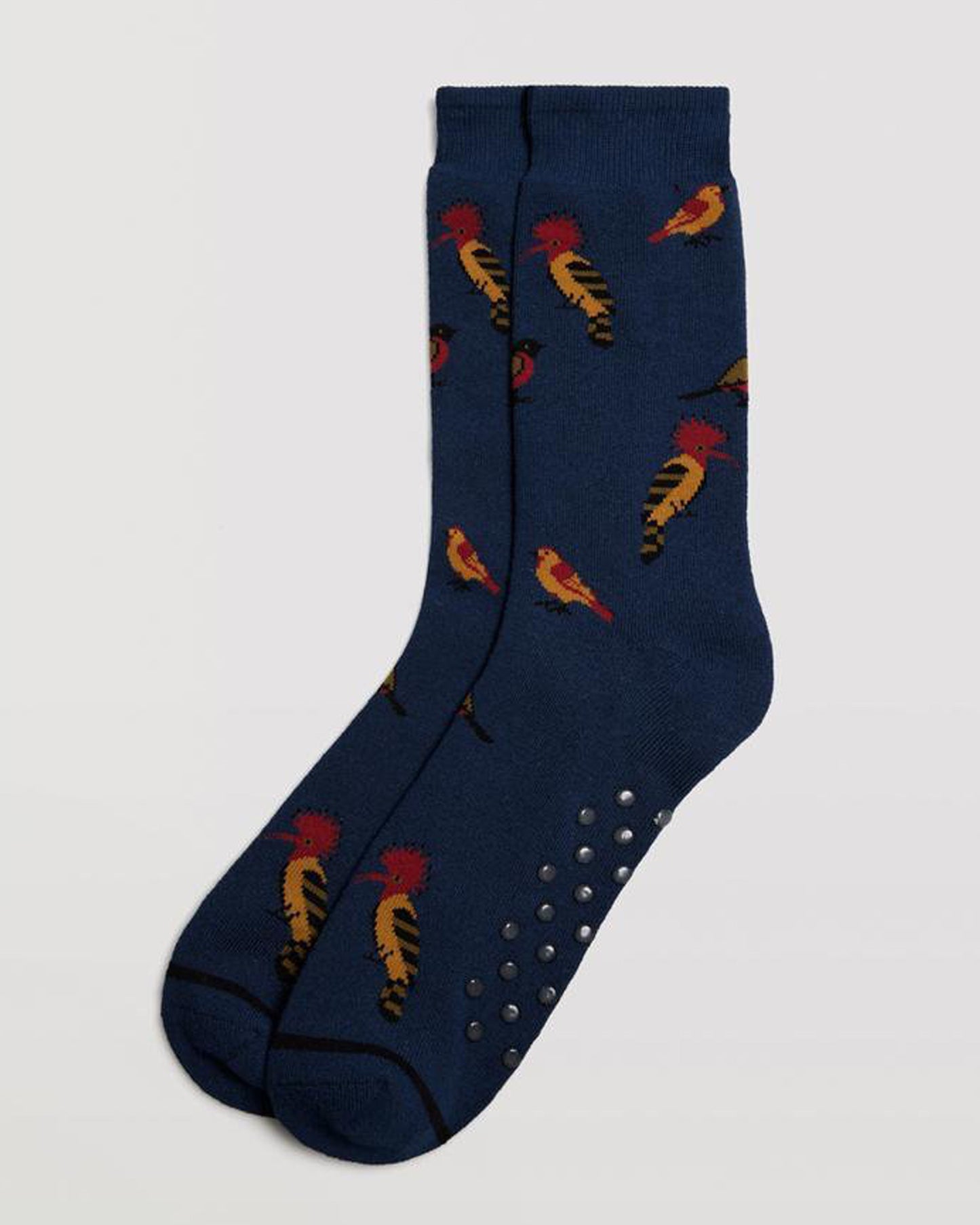 Ysabel Mora 22888 Bird Slipper Socks - Navy blue thick and warm terry lined cotton mix crew length ankle socks with an all over exotic birds pattern in red, mustard, brown and black, dotted non-slip sole and deep elasticated comfort cuff.