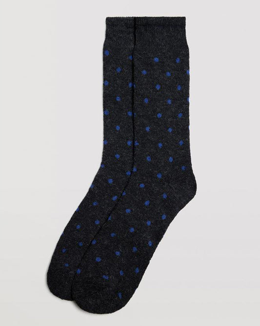 Ysabel Mora 22890 Spot Thermal Socks - Dark grey warm thermal wool mix socks with a blue polka dot spot pattern.