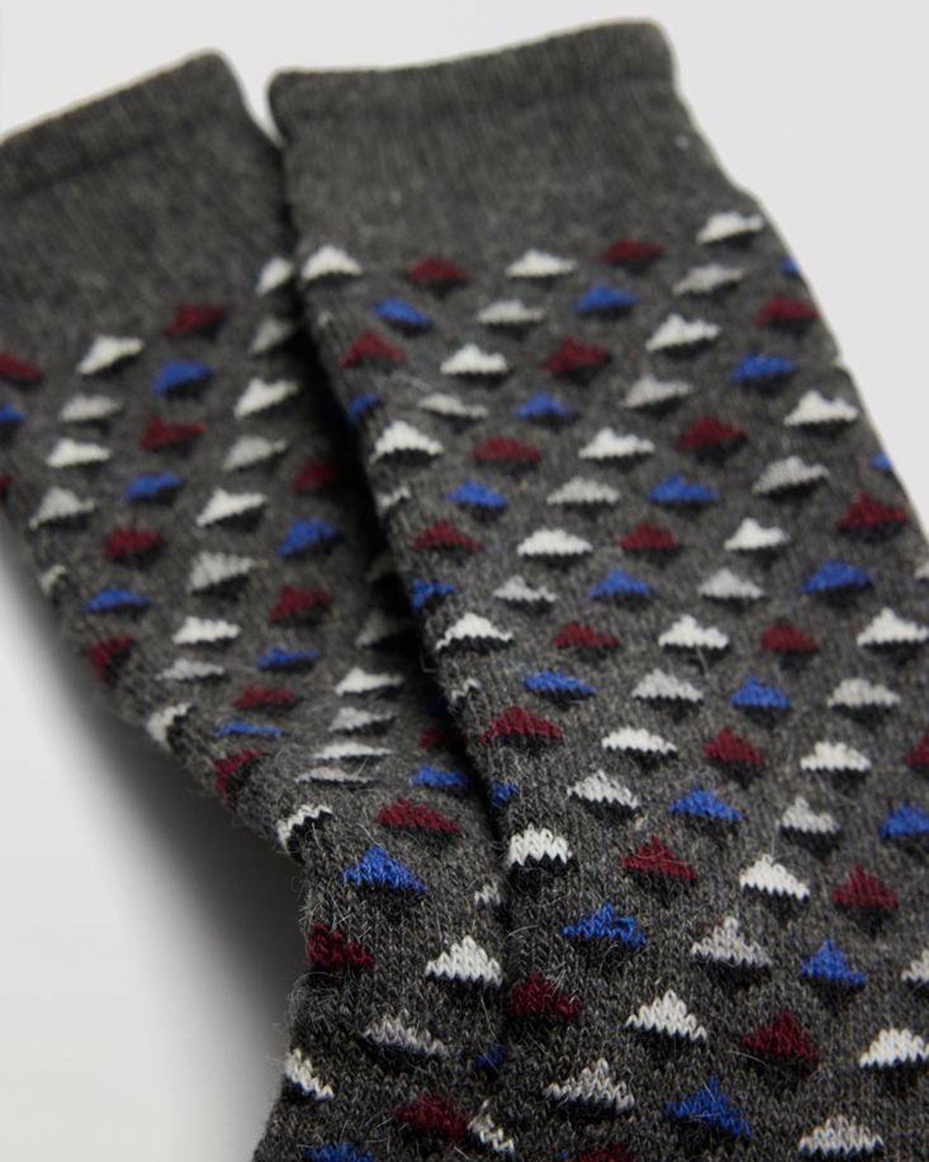 Thermal Hiking Socks - Men's dark grey chunky knitted warm and cosy angora mix socks with a diamond style pattern in blue, wine, black and off white and deep elasticated comfort cuff.