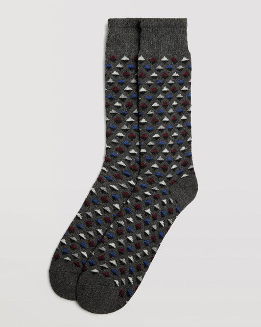 Ysabel Mora 22890 Diamonds Thermal Socks - Dark grey chunky knitted warm and cosy angora mix socks with a diamond style pattern in blue, wine, black and off white and deep elasticated comfort cuff.