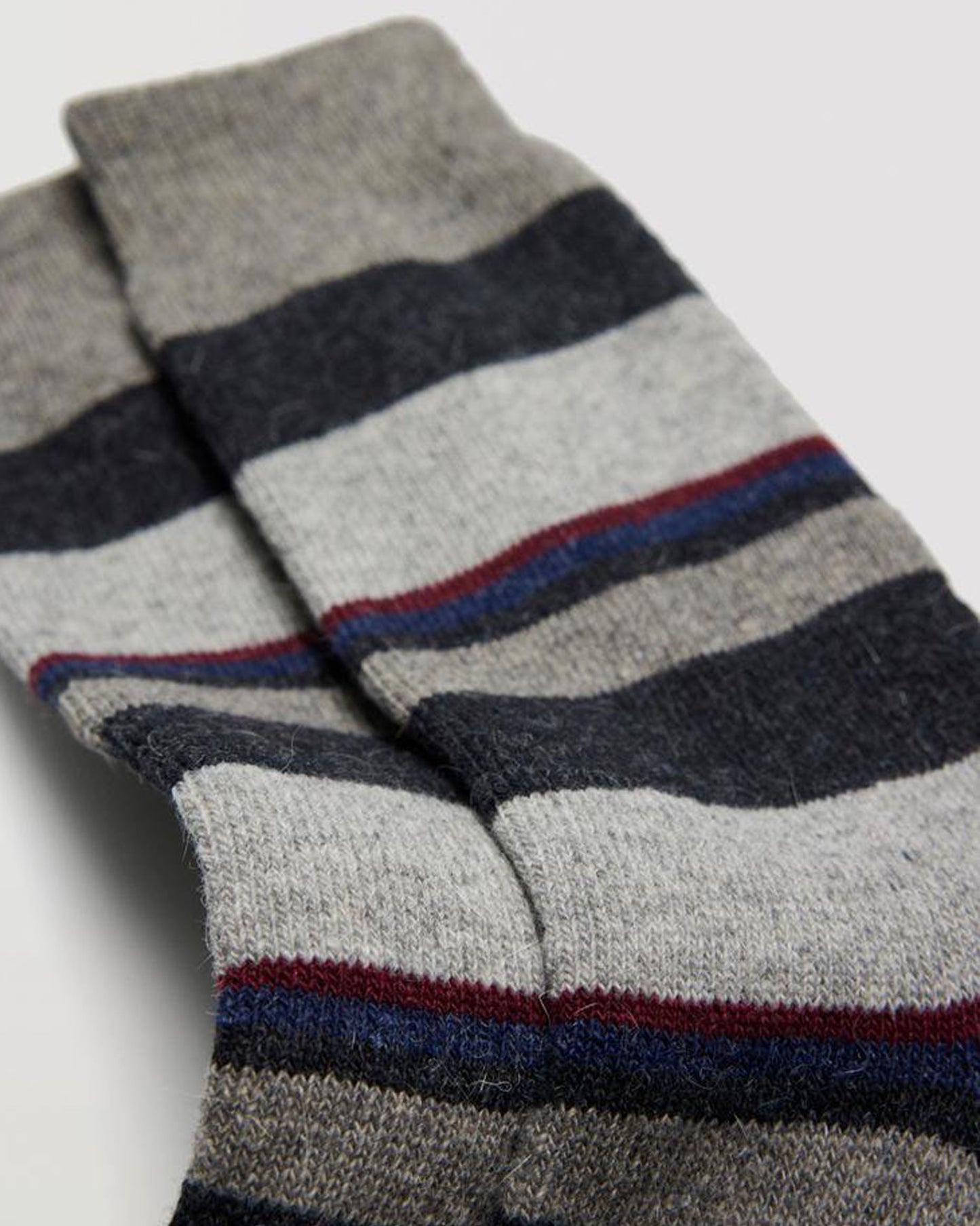 Ysabel Mora 22891 Linear Thermal Sock - Warm wool and angora mix light grey thermal socks with a horizontal stripe pattern in dark grey, navy blue and wine, shaped heel and deep elasticated comfort top.