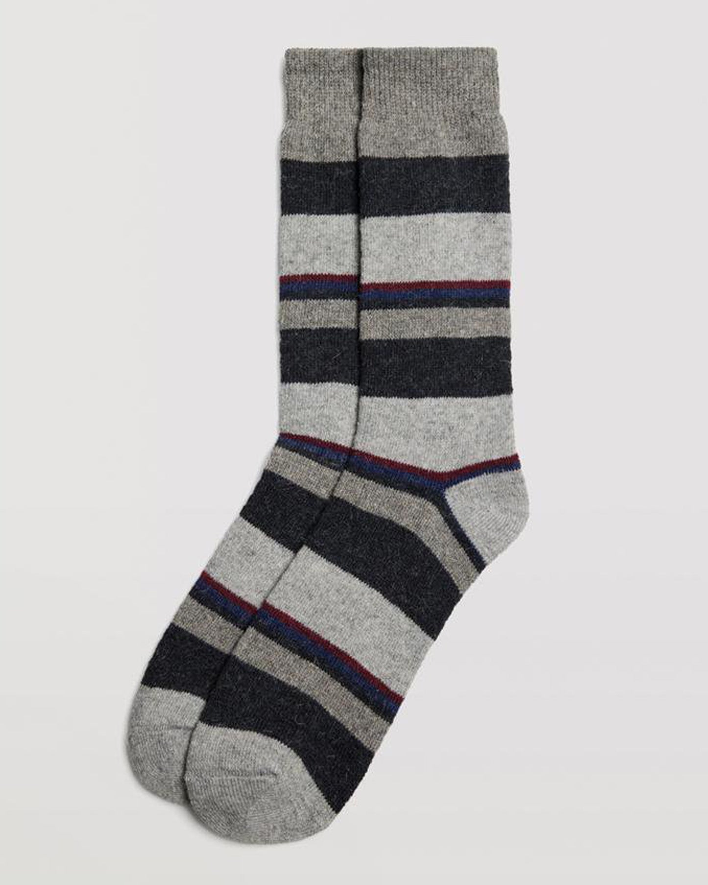 Ysabel Mora 22891 Linear Thermal Sock - Warm wool and angora mix light grey thermal socks with a horizontal stripe pattern in dark grey, navy blue and wine, shaped heel and deep elasticated comfort top.