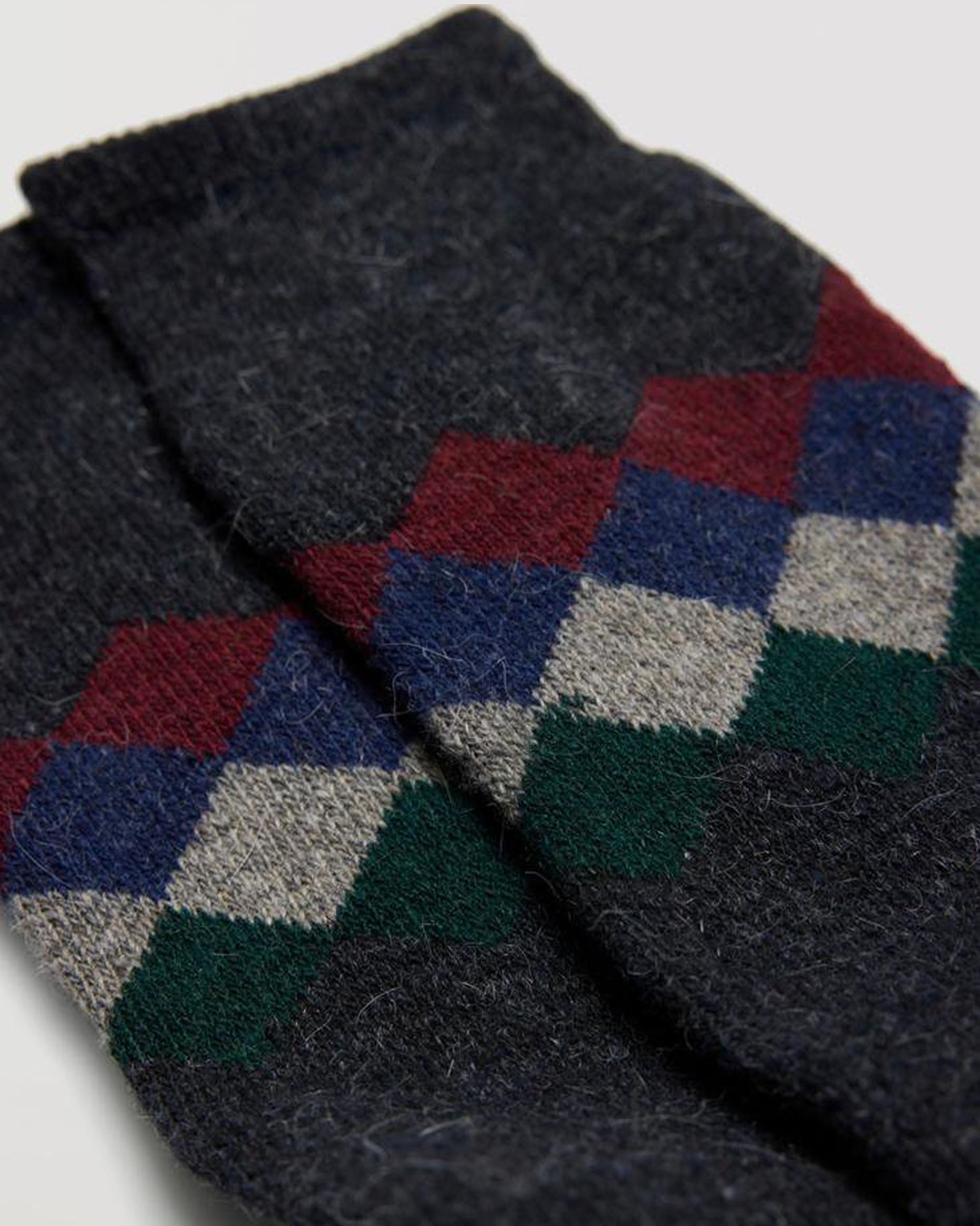 Ysabel Mora 22891 Diamond Angora Socks - Dark grey chunky knitted warm and cosy angora mix thermal men's socks with a diamond pattern in maroon, navy blue, light grey and dark green around the ankle and deep comfort cuff.