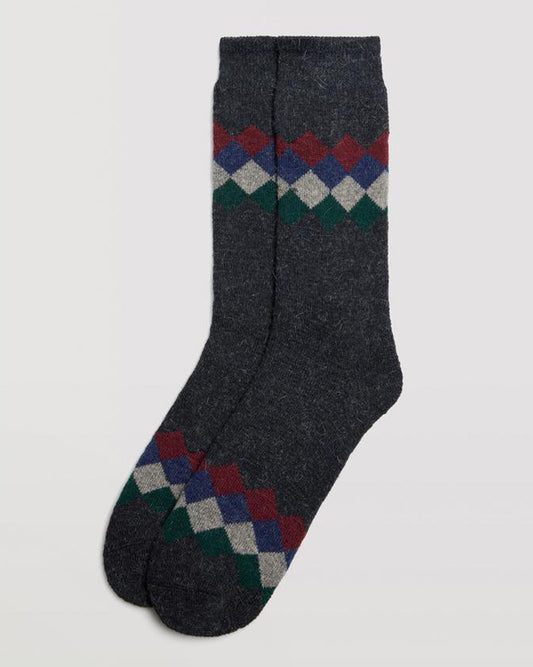 Ysabel Mora 22891 Diamond Angora Socks - Dark grey chunky knitted warm and cosy angora mix thermal men's socks with a diamond pattern in maroon, navy blue, light grey and dark green around the ankle and toe.
