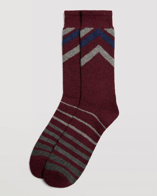 Ysabel Mora 22891 Stripes Thermal Socks - Warm wine thermal wool and angora mix socks with a zig-zag stripe top in light grey and navy and a horizontal stripe on the foot in shades of grey. 