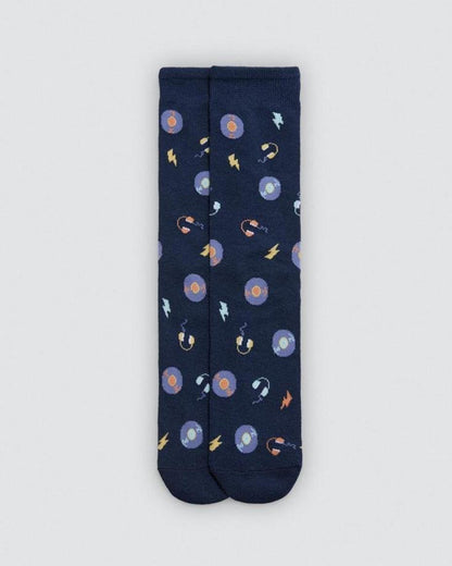 Navy blue sock with music themed pattern of vinyl records, headphones and lightning bolts on a light grey background