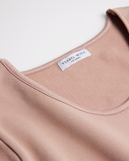 Ysabel Mora - 70002 Taupe/beige Thermal Fleece Lined Crew Neck Top, worn with light grey leggings.