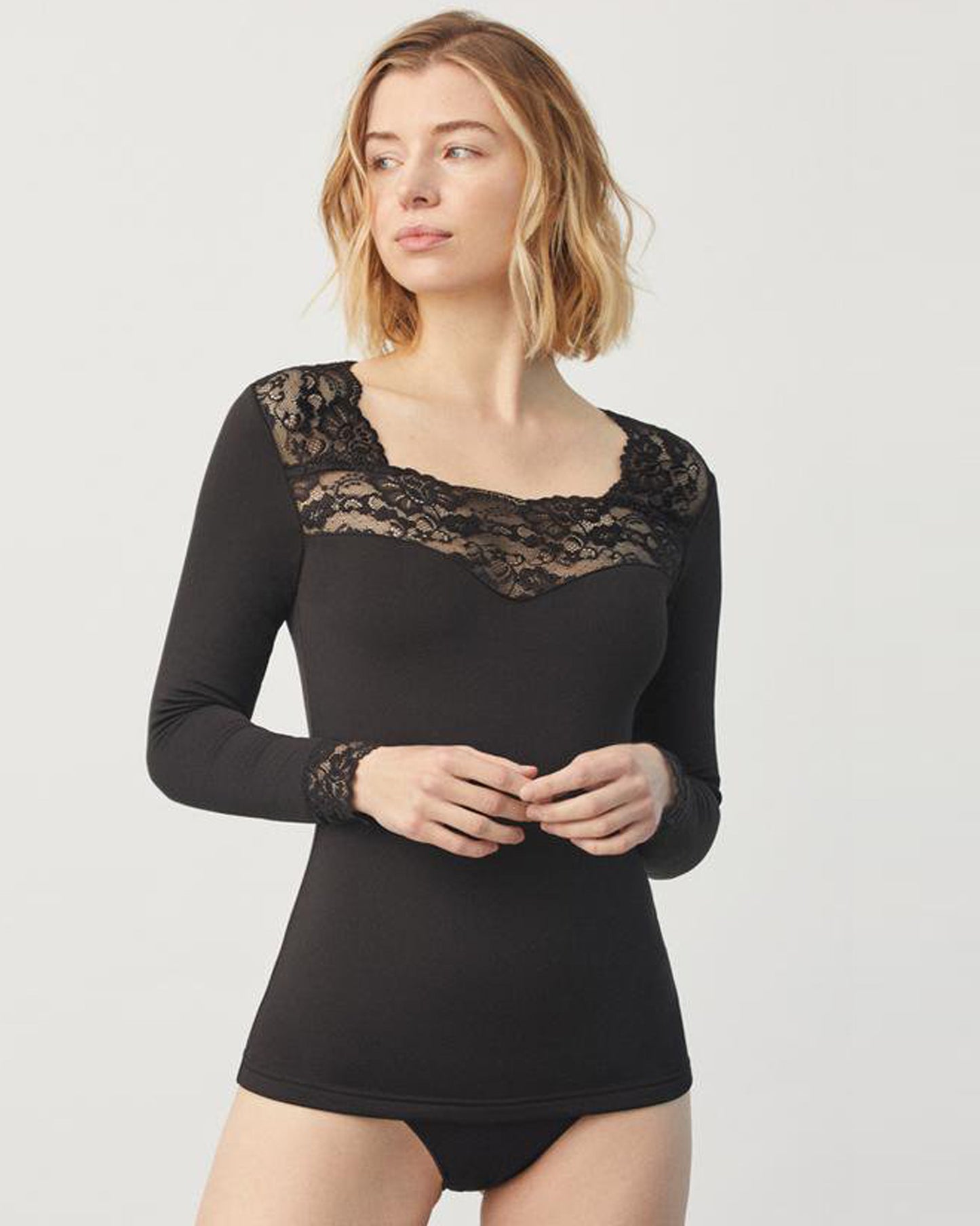 Ysabel Mora 70005 Thermal Lace Top - Black soft and warm fleece lined long sleeved vest with floral lace trim and cuffs.