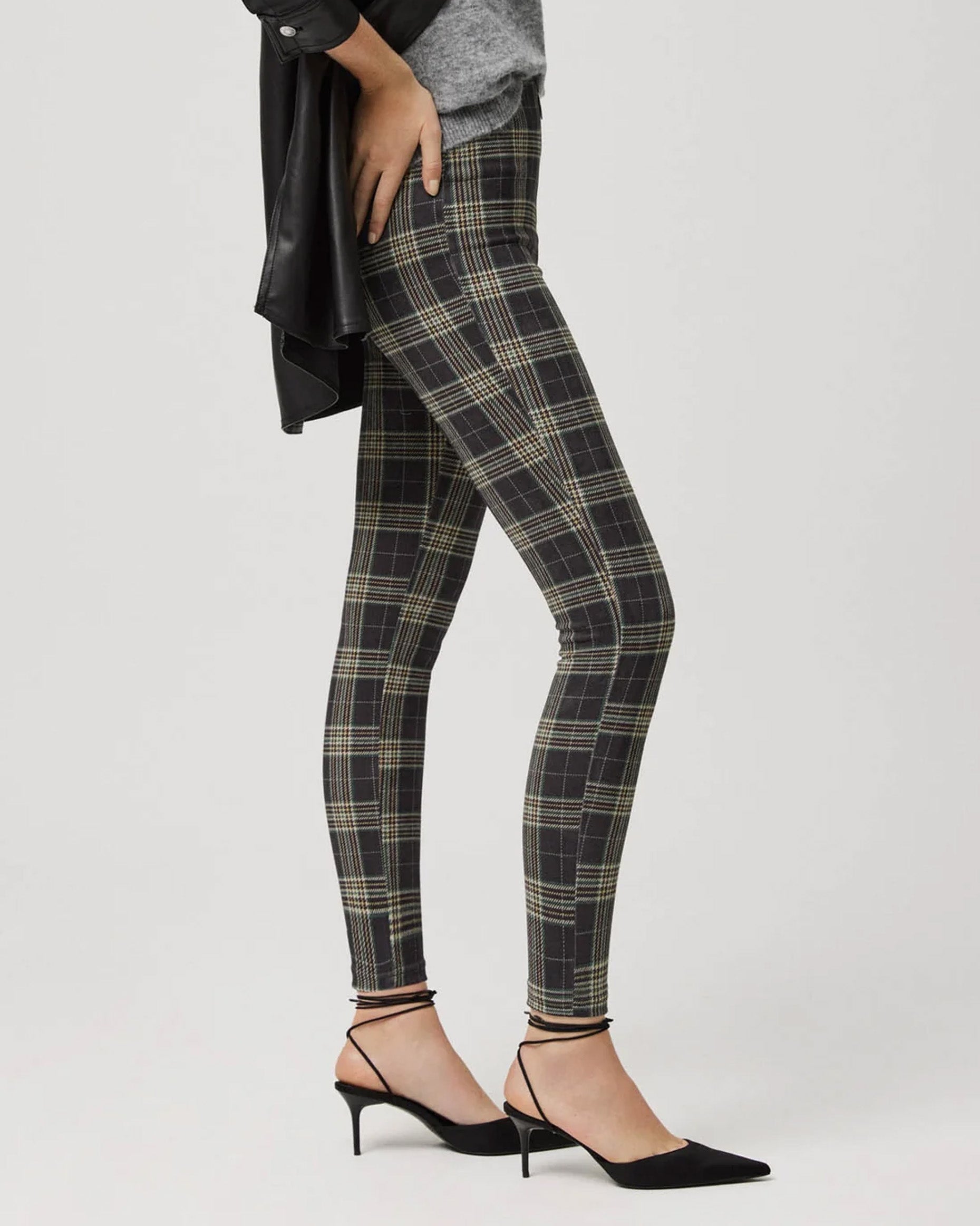 Ysabel Mora 70156 Checked Treggings - Soft plush dark green high waisted stretch trouser leggings (treggings) with a tartan check style pattern in beige, green, cream with a front zip closure and ring pull. Side view.