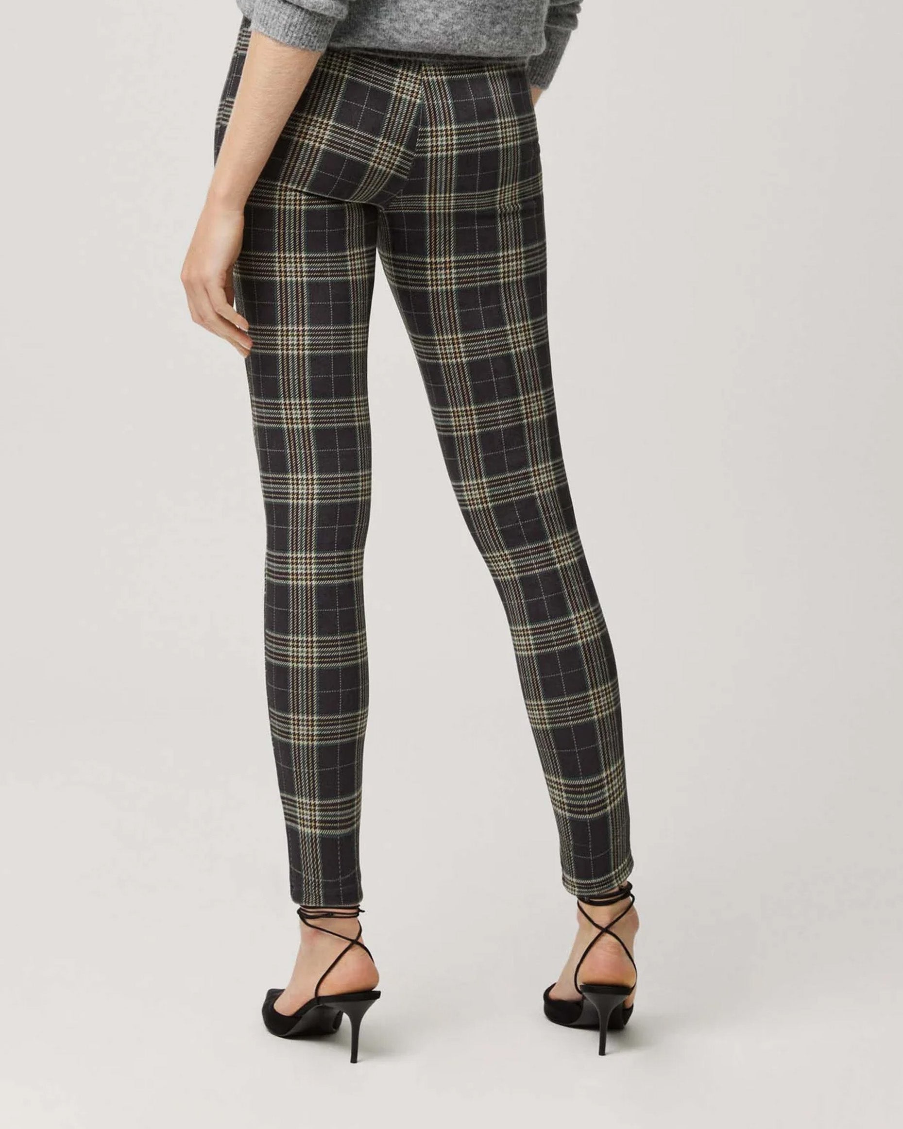 Ysabel Mora 70156 Checked Treggings - Soft plush dark green high waisted stretch trouser leggings (treggings) with a tartan check style pattern in beige, green, cream with a front zip closure and ring pull. Back view.