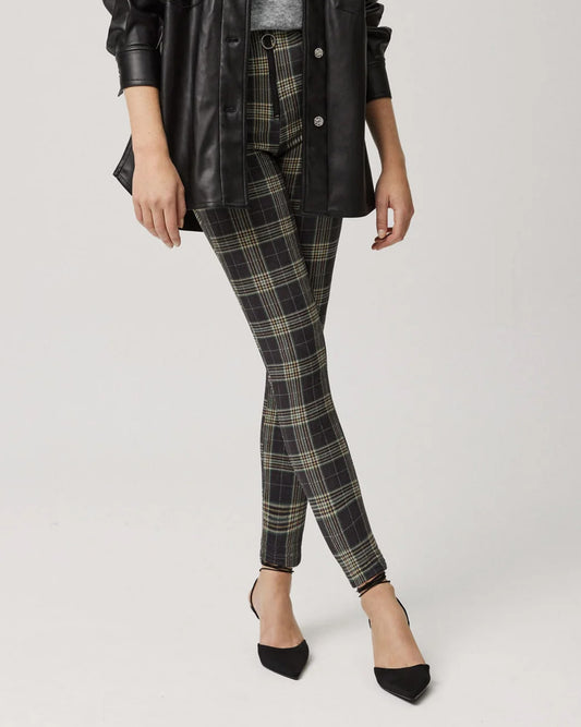 Ysabel Mora 70156 Checked Treggings - Soft plush dark green high waisted stretch trouser leggings (treggings) with a tartan check style pattern in beige, green, cream with a front zip closure and ring pull.
