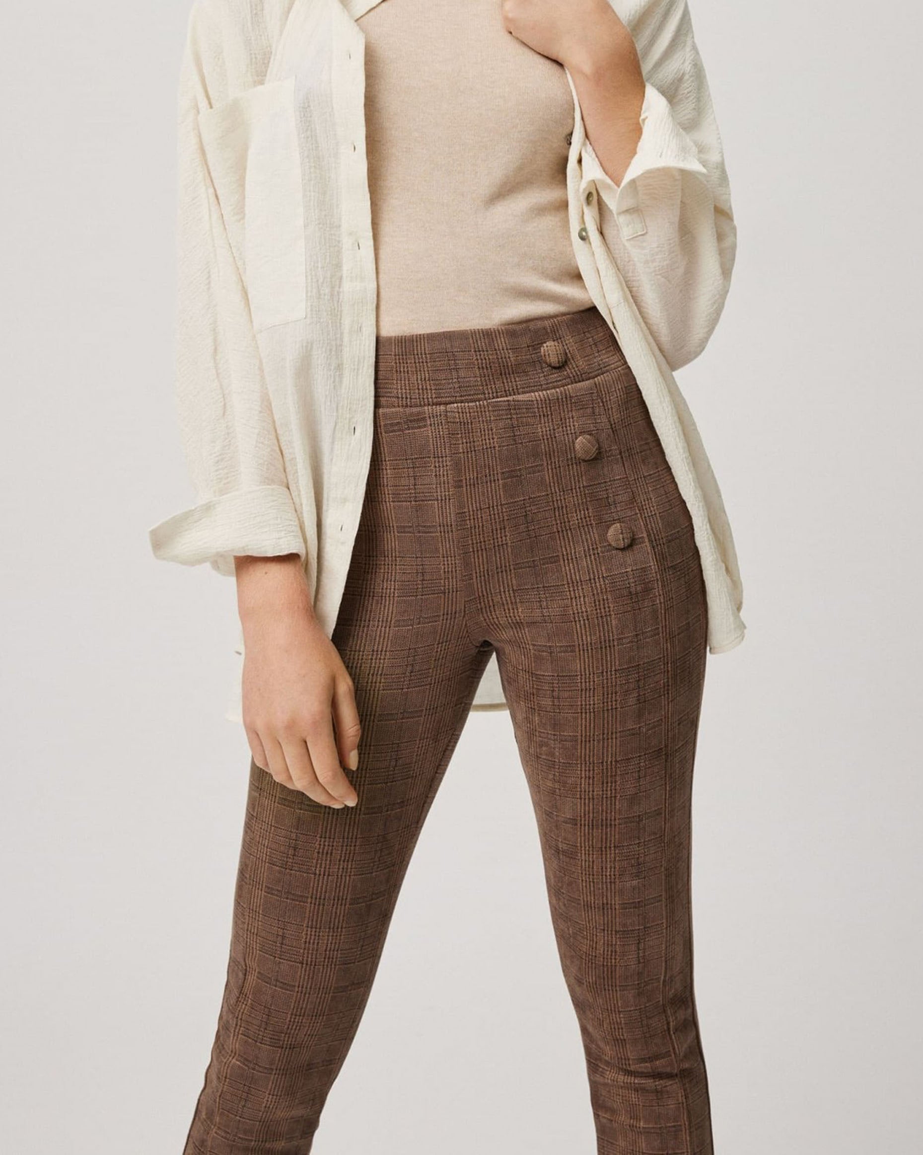 Ysabel Mora 70157 Brown Tartan Leggings - Light brown leggings with faux front pockets with covered buttons on the sides and deep elasticated waistband.