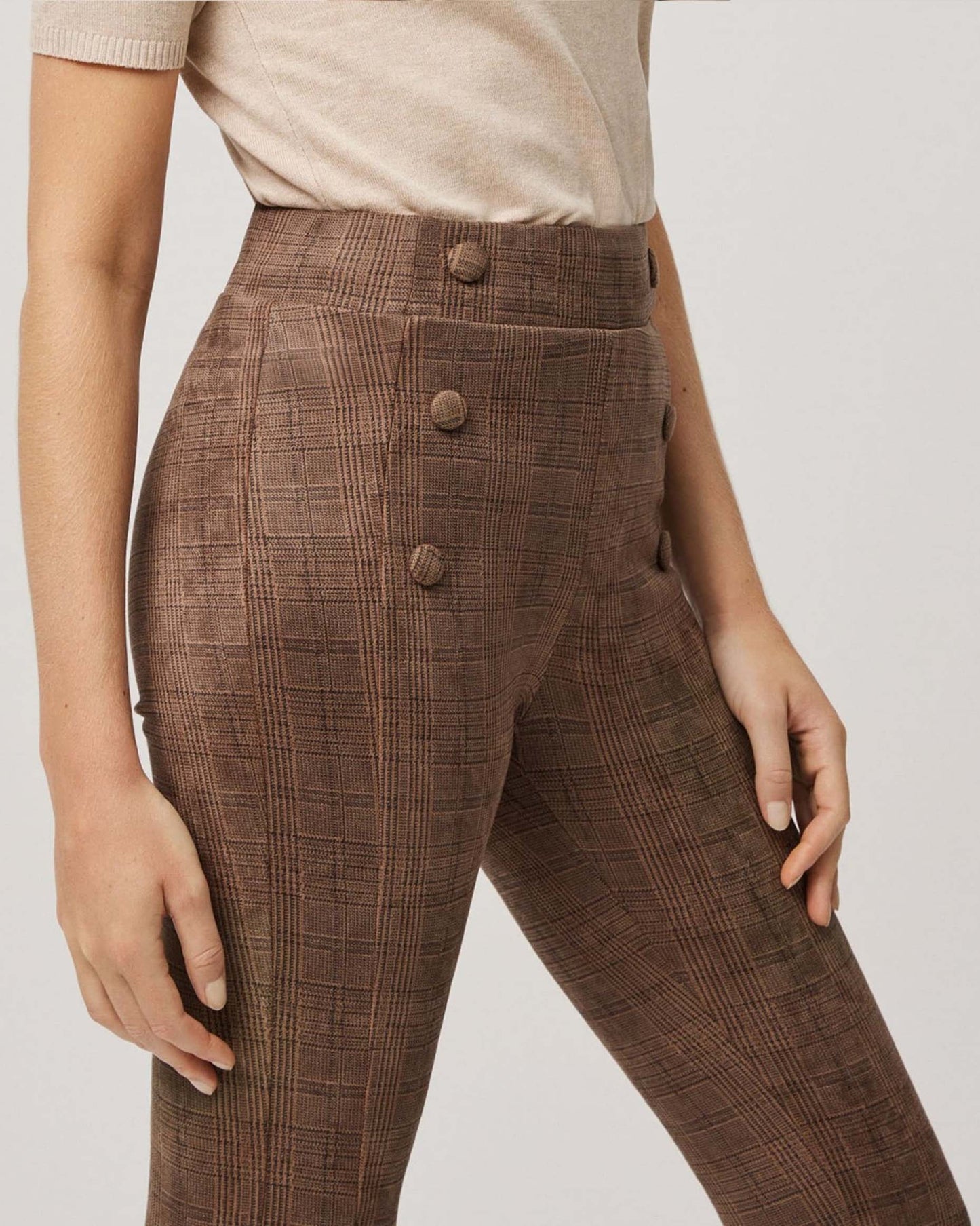 Ysabel Mora 70157 Brown Tartan Leggings - Light brown leggings with faux front pockets with covered buttons on the sides and deep elasticated waistband.