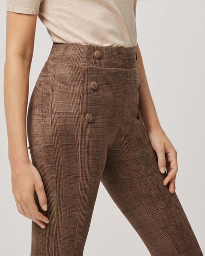 Ysabel Mora 70157 Brown Tartan Leggings - Light brown leggings with faux front pockets with covered buttons on the sides and deep elasticated waistband.