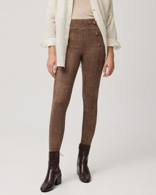 Ysabel Mora 70157 Brown Tartan Leggings - Light brown leggings with faux front pockets with covered buttons on the sides and deep elasticated waistband.