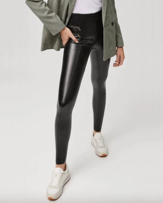 Ysabel Mora 70163 Faux Leather Leggings - Black high rise leather look fleece lined thermal leggings with centre seam down the front of the legs, 2 zips on one side and 1 on the other and darts at the back to ensure a snug fit.