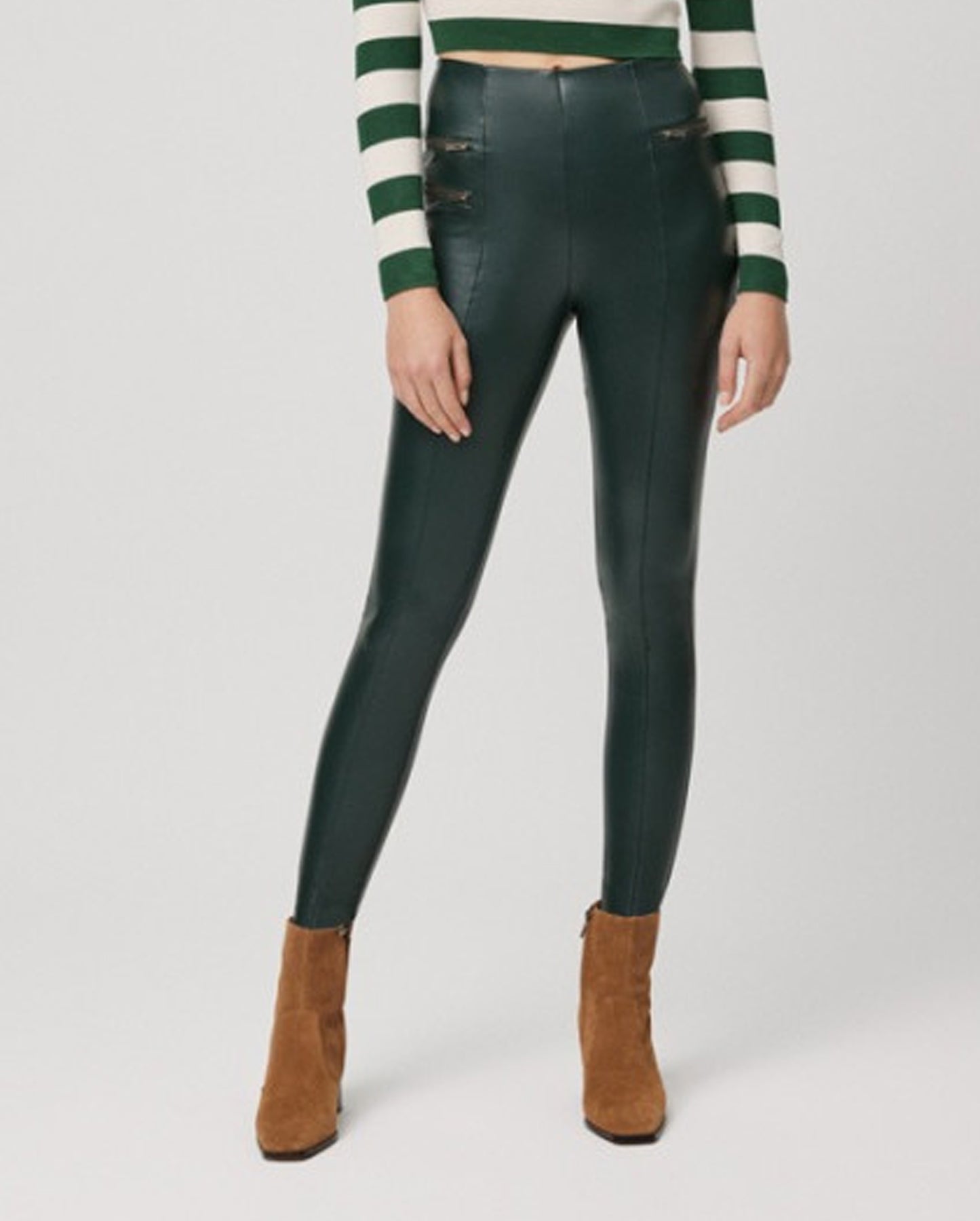 Ysabel Mora 70163 Faux Leather Leggings - Bottle green high rise leather look fleece lined thermal leggings with centre seam down the front of the legs, 2 zips on one side and 1 on the other and darts at the back to ensure a snug fit.