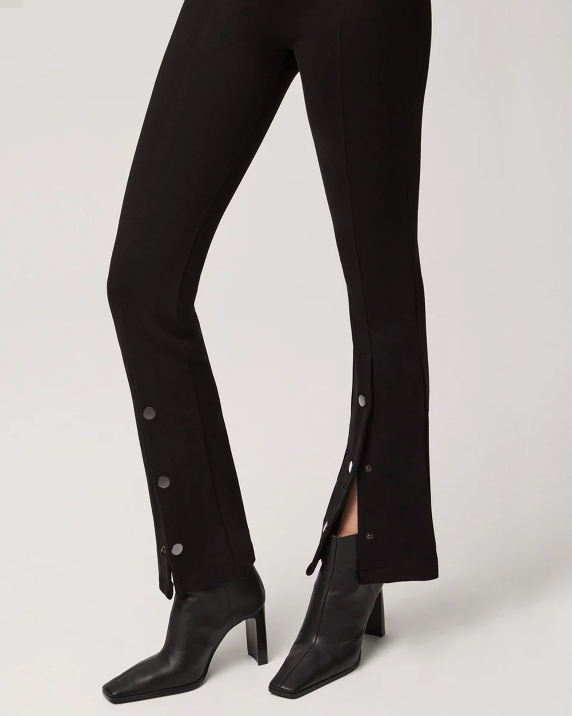 Ysabel Mora 70153 Flared Button Leggings - Black high waisted stretch trouser leggings (treggings) with split buttoned flare bottom.