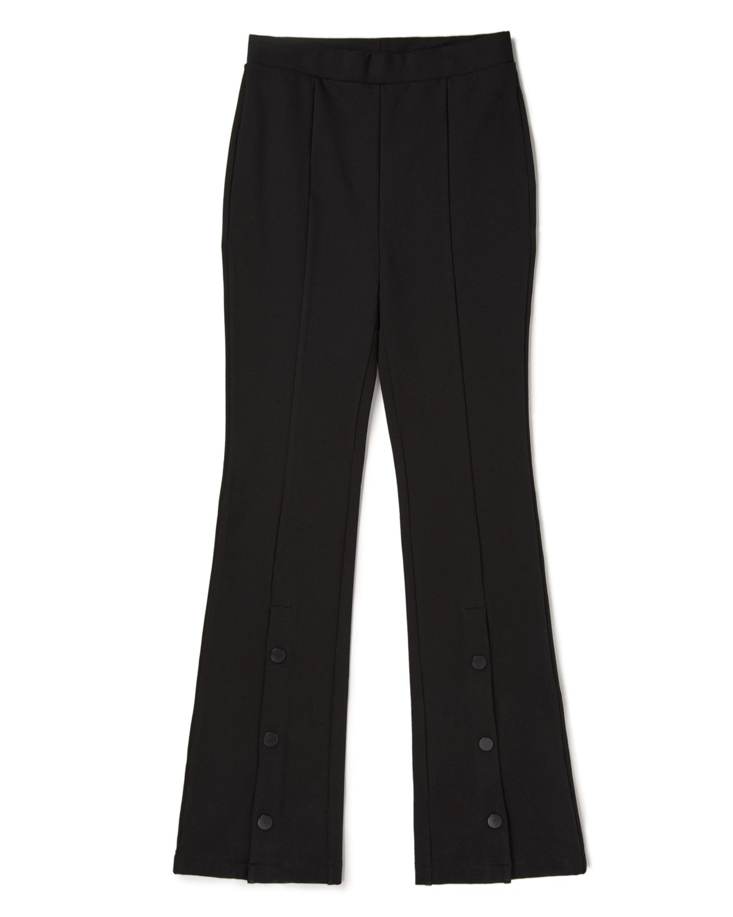 Ysabel Mora 70153 Flared Button Leggings - Black high waisted stretch trouser leggings (treggings) with split buttoned flare bottom. Flat view.