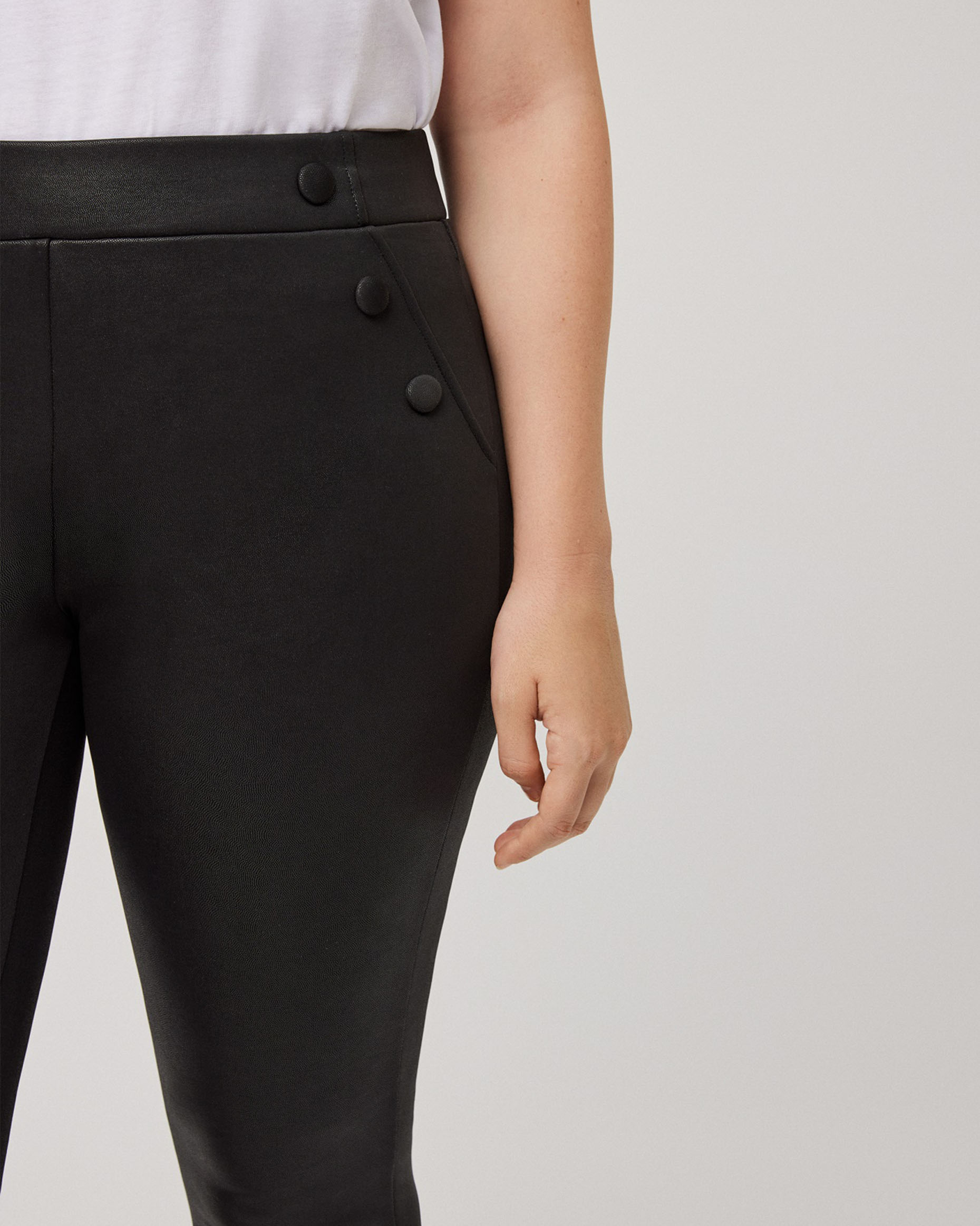 Ysabel Mora 70166 Waxed Thermal Leggings - High rise black trouser leggings with waxed effect finish, warm fleece lining, faux front pockets with covered buttons and deep elasticated waistband.