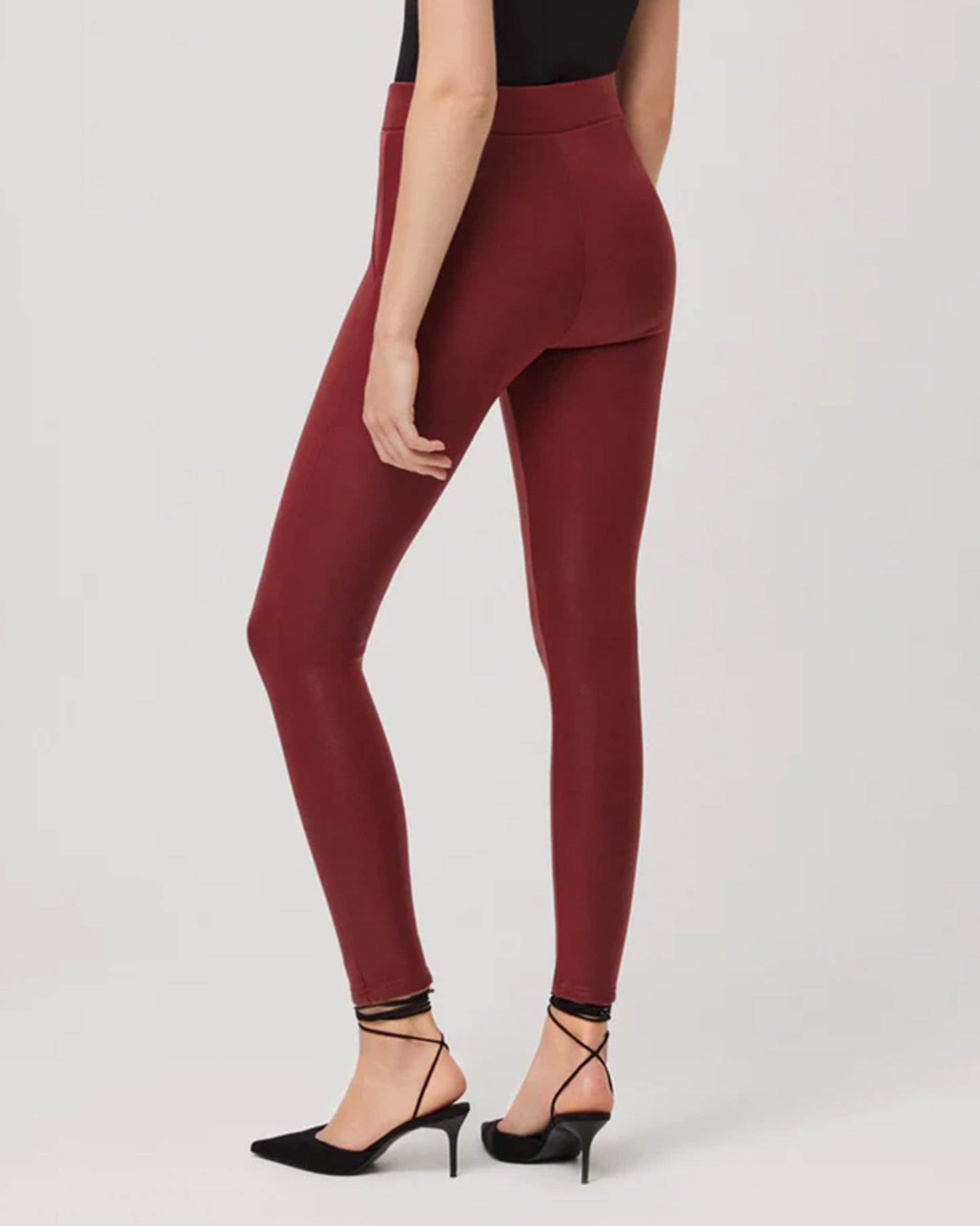 Ysabel Mora 70166 Waxed Thermal Leggings - High rise wine / maroon trouser leggings with waxed effect finish, warm fleece lining, faux front pockets with covered buttons and deep elasticated waistband.