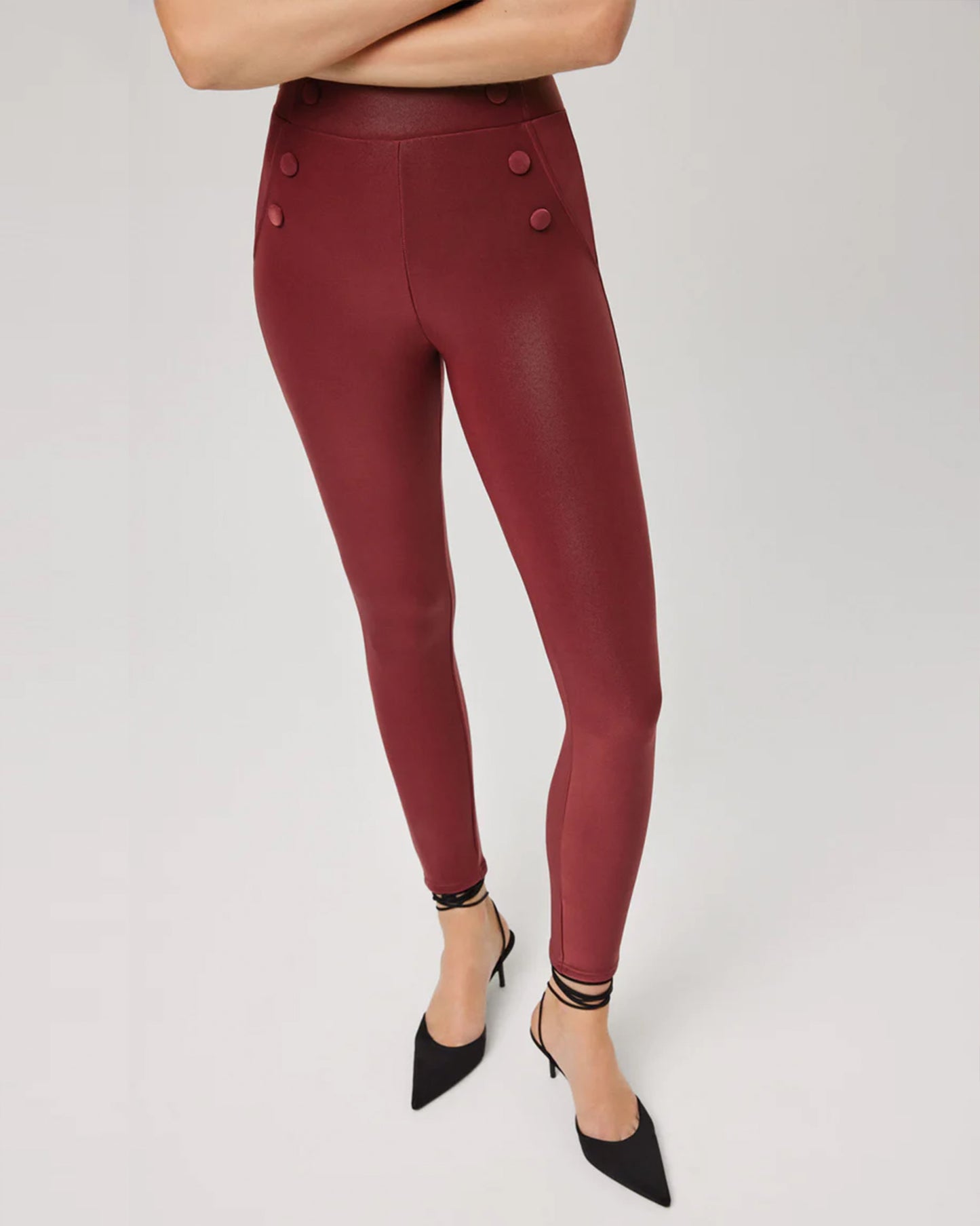 Ysabel Mora 70166 Waxed Thermal Leggings - High rise wine / maroon trouser leggings with waxed effect finish, warm fleece lining, faux front pockets with covered buttons and deep elasticated waistband.