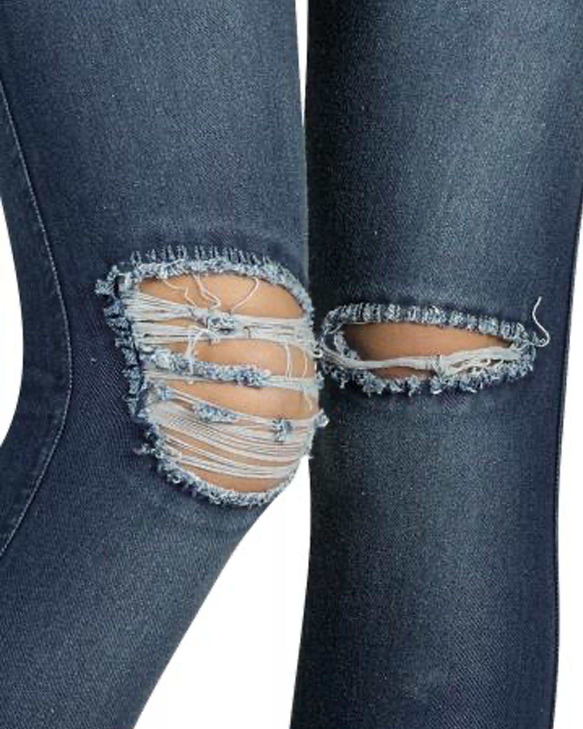 Ysabel Mora - 70213 Ripped Distressed Jeans - dark denim blue stretch cotton jeans/jeggings, close up detail of holes.
