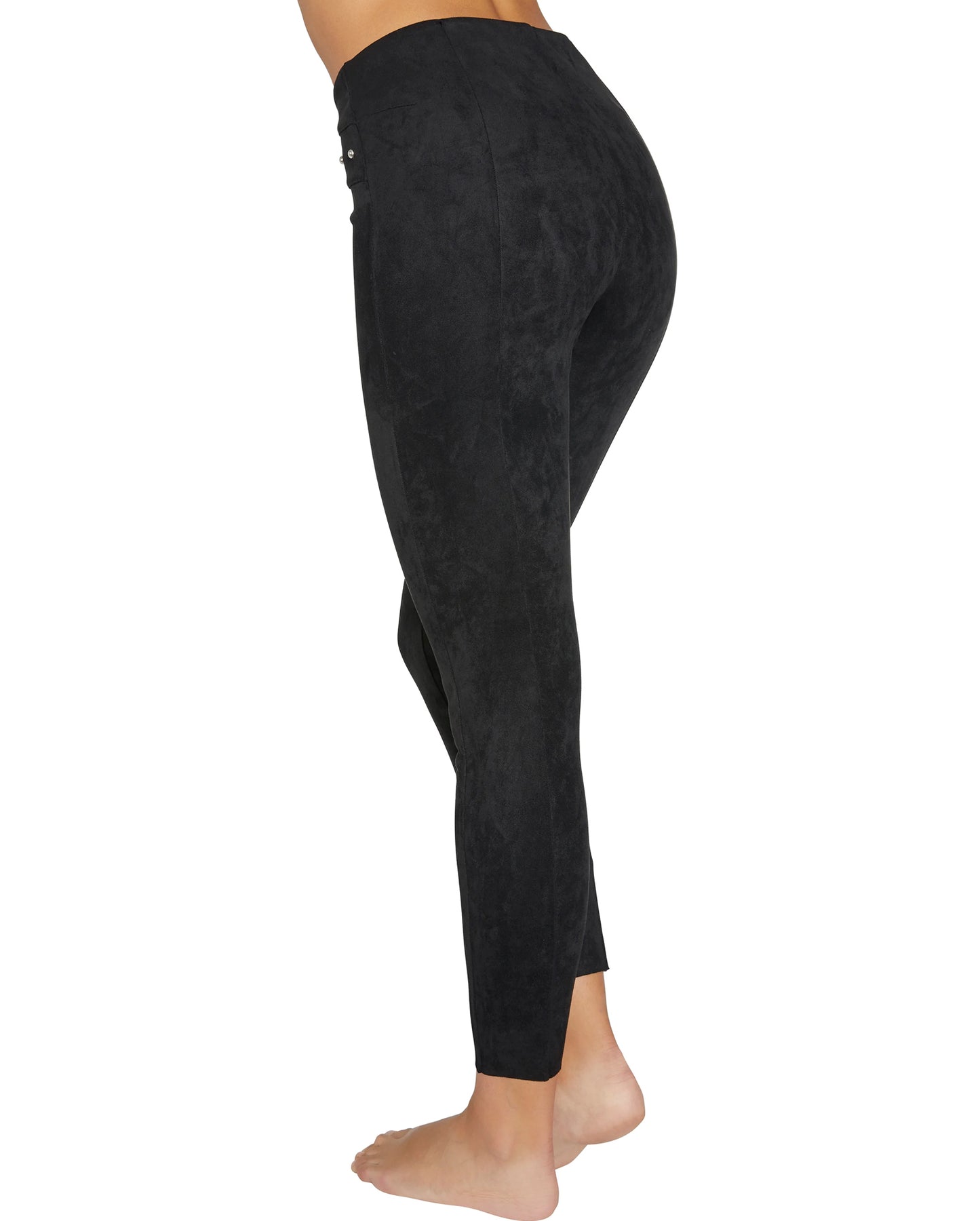 Ysabel Mora 70258 Suede Effect Treggings - black high waist trouser leggings in faux suede with silver studs, back view.