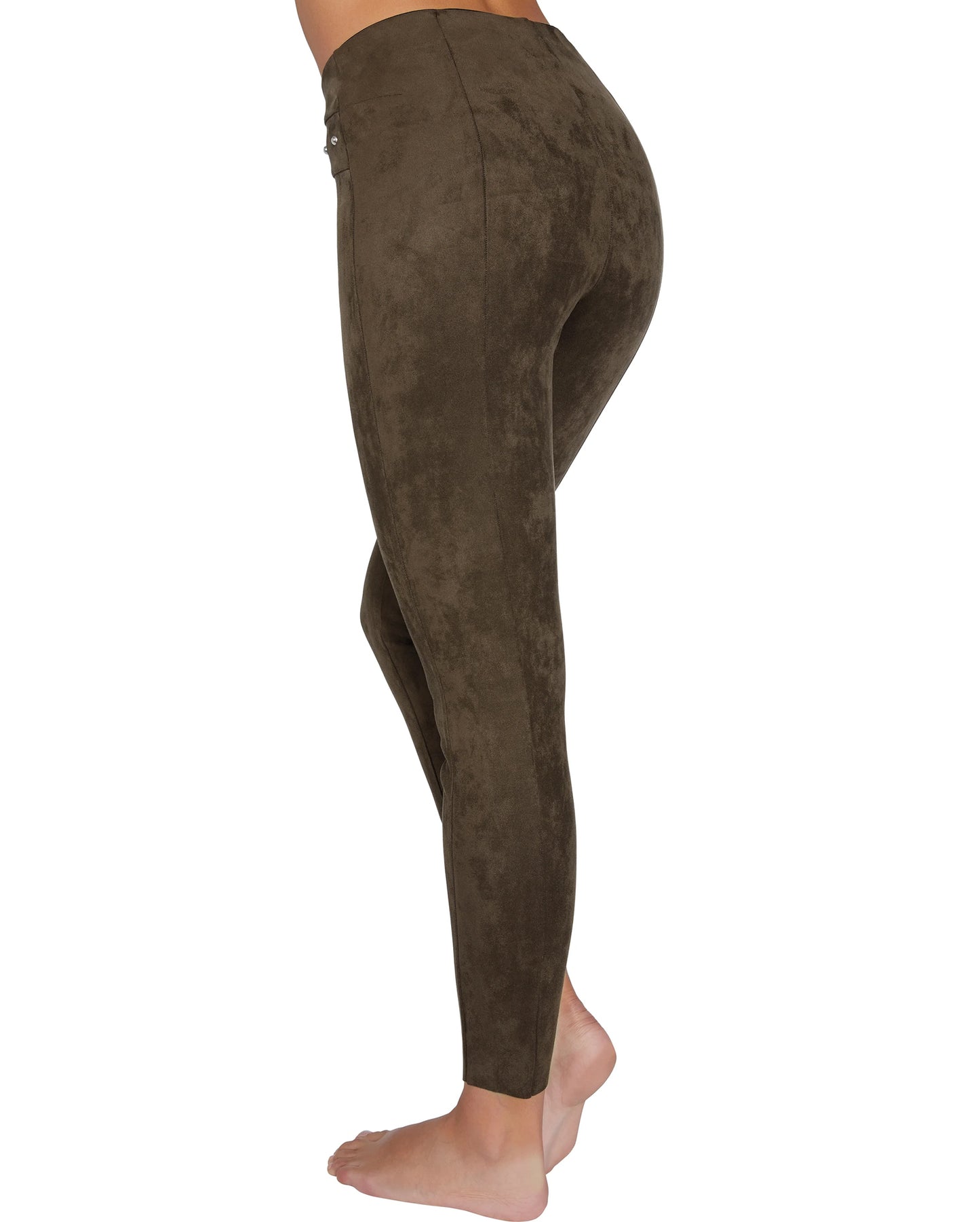 Ysabel Mora 70258 Suede Effect Treggings - brown high waist trouser leggings in faux suede with silver studs, back view.