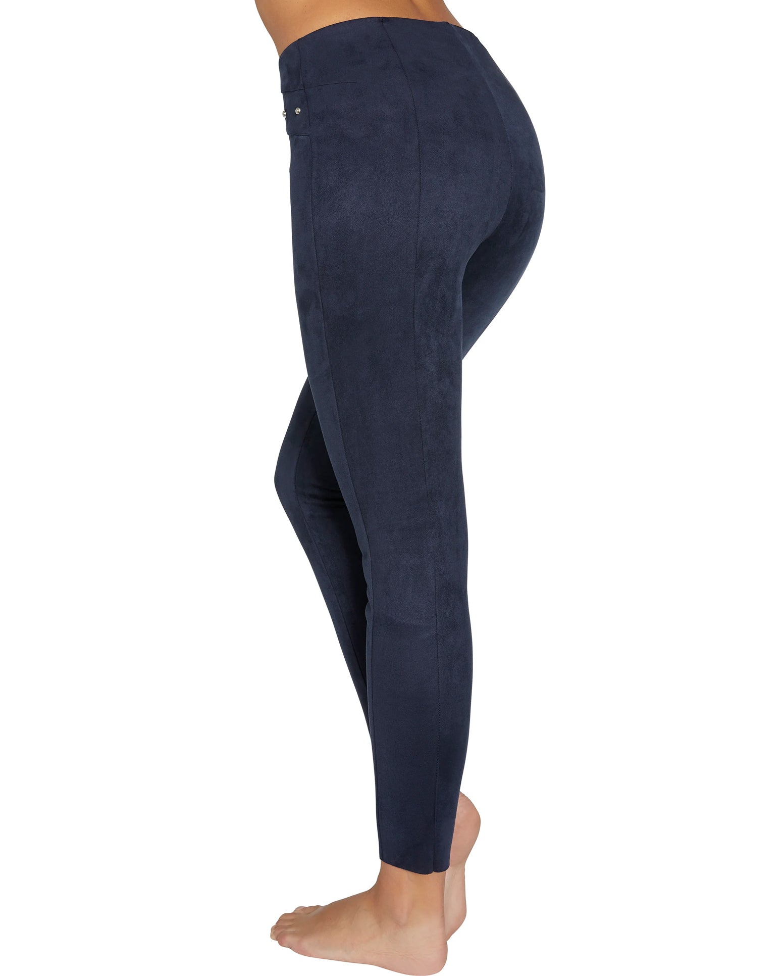 Ysabel Mora 70258 Suede Effect Treggings - navy blue high waist trouser leggings in faux suede with silver studs, back view.
