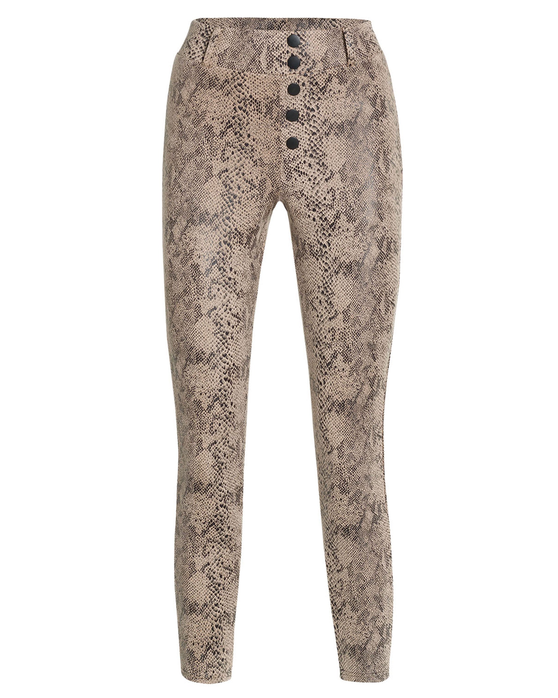 Ysabel Mora 70276 Leggings - Beige slimming trouser leggings (treggings) with an all over snake skin print style pattern, rear pockets, belt loops and black faux button closures.