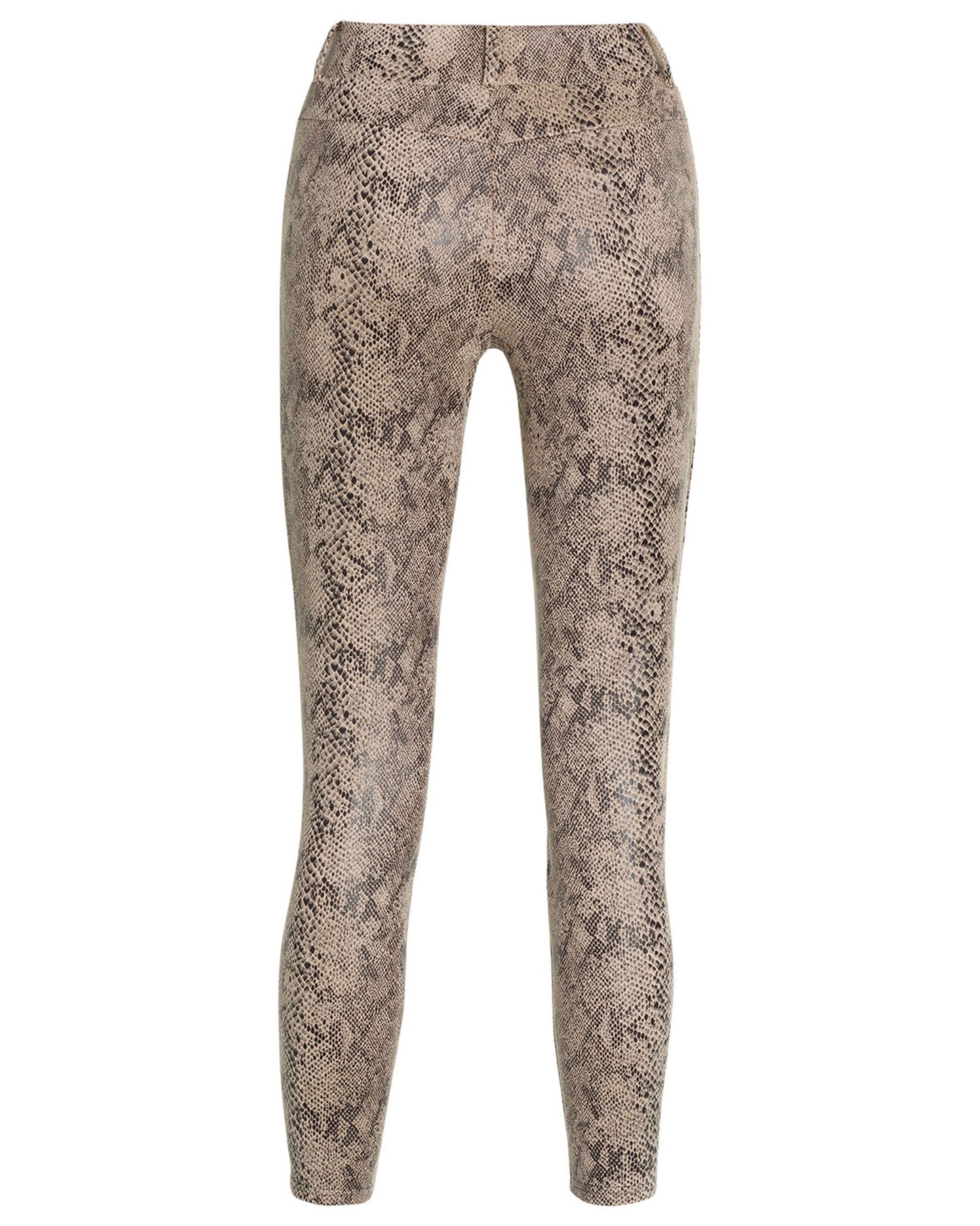 Ysabel Mora 70276 Leggings - Beige slimming trouser leggings (treggings) with an all over snake skin print style pattern, rear pockets, belt loops and black faux button closures. Back view