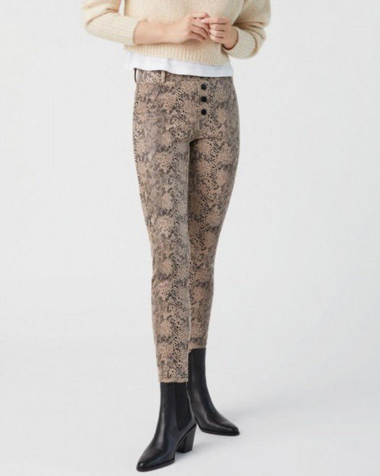 Ysabel Mora 70276 Leggings - Beige slimming trouser leggings (treggings) with an all over snake skin print style pattern, rear pockets, belt loops and black faux button closures.