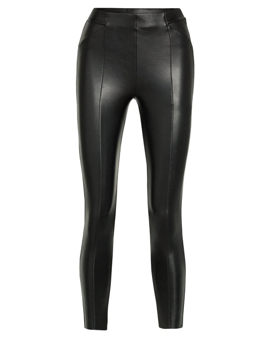 Ysabel Mora 70280 Leggings - Black mid rise faux leather fleece lined trouser leggings with centre seam down the front of the legs, triangular panelling on the hips and darts at the back to ensure a snug fit.