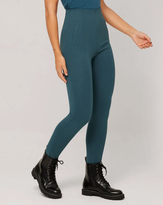 Ysabel Mora 70290 High Rise Treggings - Teal high waisted trouser leggings (treggings) with shaped darted waist and centre seams down the front of the leg, worn with black lace up boots.