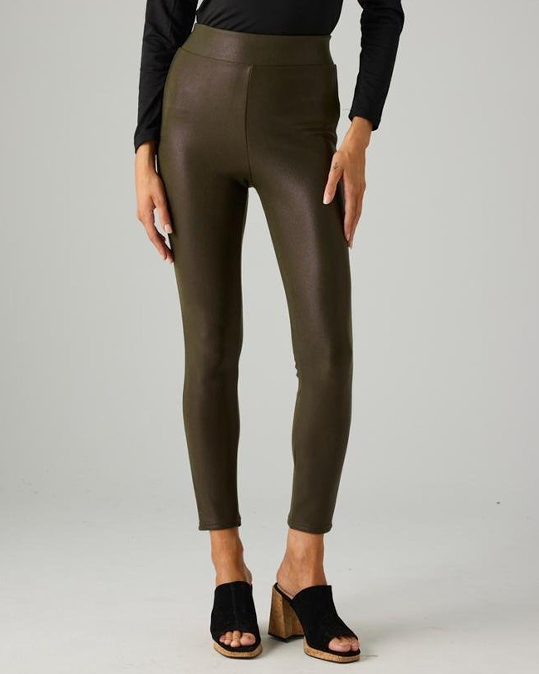 Ysabel Mora 70293 Waxed Thermal Leggings - Dark khaki green high waisted thermal trouser leggings with waxed effect print and warm plush fleece lining.