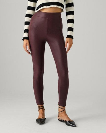 Ysabel Mora 70293 Waxed Thermal Leggings - Dark purple/aubergine high waisted thermal trouser leggings with waxed effect print and warm plush fleece lining.