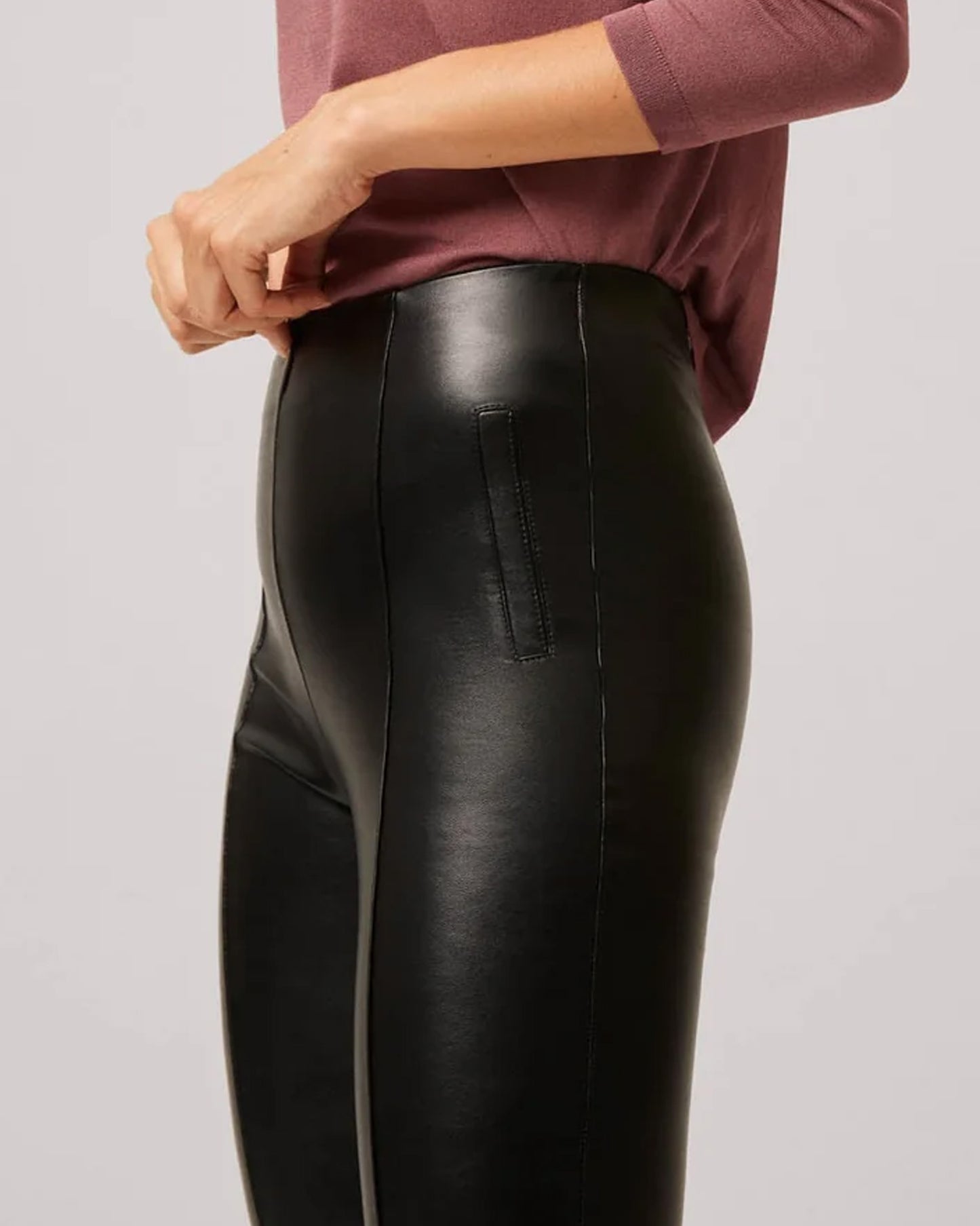 Ysabel Mora 70295 Faux Leather Slit Leggings - Tight fit faux leather thermal black coloured leggings with a warm plush fleece lining, faux side pocket stitching, centre seam down the front.