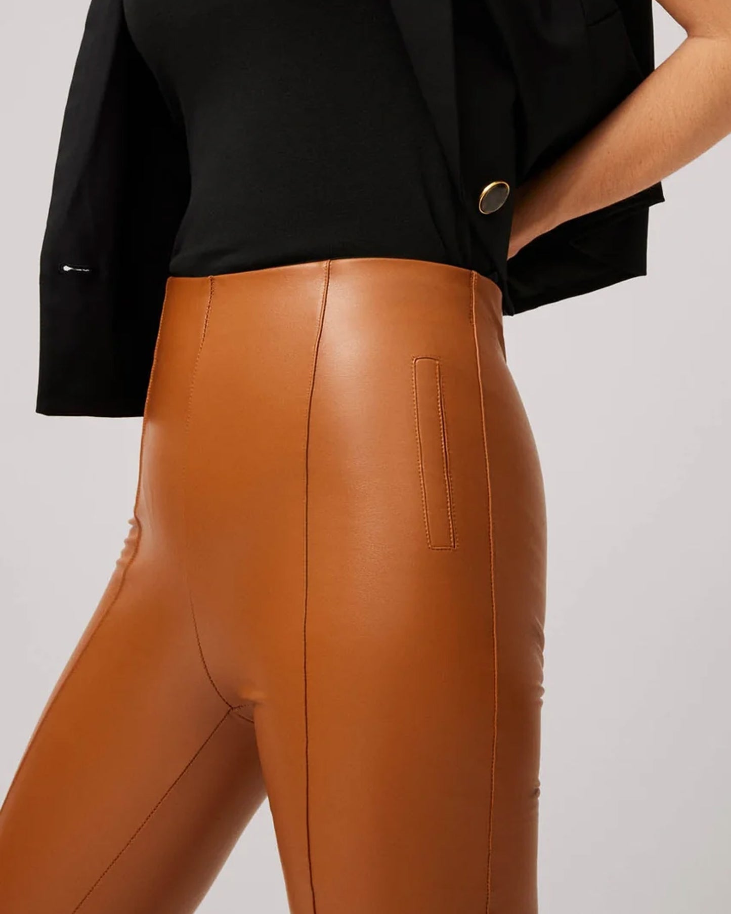 Ysabel Mora 70295 Faux Leather Slit Leggings - Tight fit faux leather thermal camel coloured leggings with a warm plush fleece lining, faux side pocket stitching, centre seam down the front.