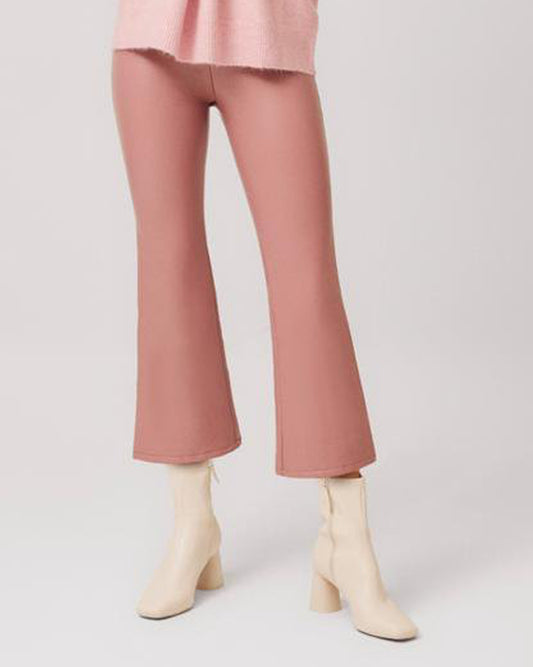 Ysabel Mora 70296 Faux Leather Cropped Pants - Pale dirty pink flared crop faux leather thermal leggings with a soft and warm plush lining. Worn with a light dusty pink knitted jumper and cream block heeled ankle boots.